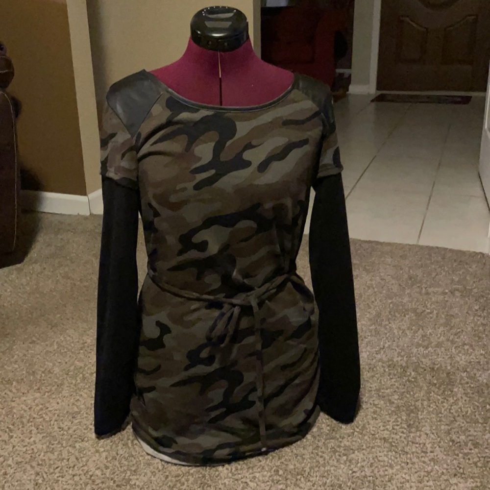 Camo belted mini dress accented with leather look